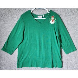 Quacker Factory Women's 3/4 Sleeve V Neck T Shirt Embroidered Snowman Green Sz L